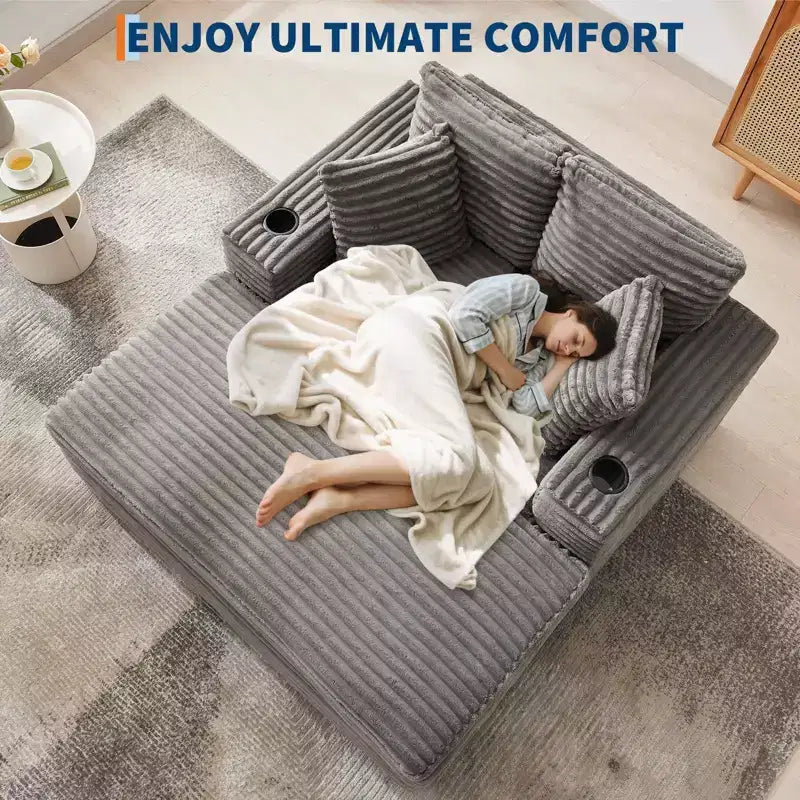 Canapé confortable en velours côtelé avec station de recharge, porte-gobelets et coussins pour salon, chambre et appartements