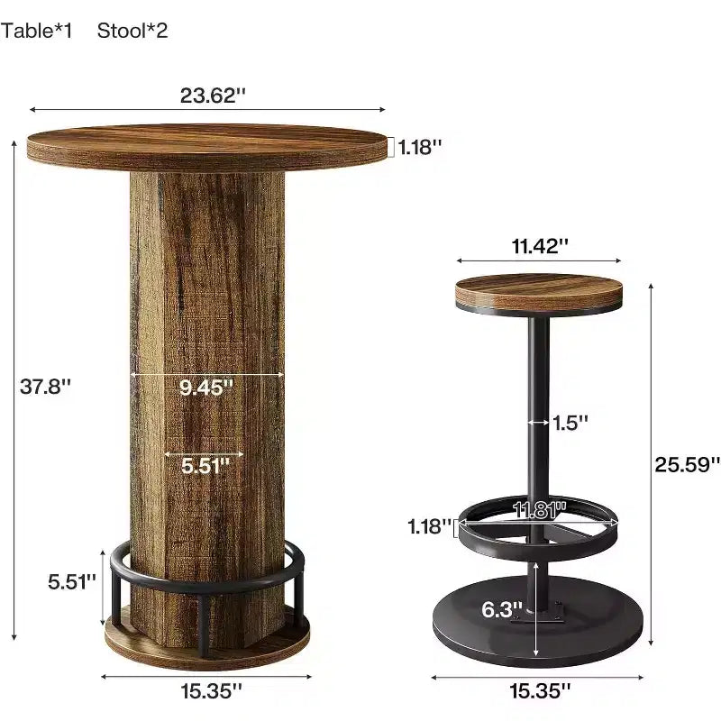 Table de bar ronde avec chaises, bistrot avec 2 tabourets de bar, table de cocktail de pub avec repose-pieds en métal pour coin cuisine, appartement