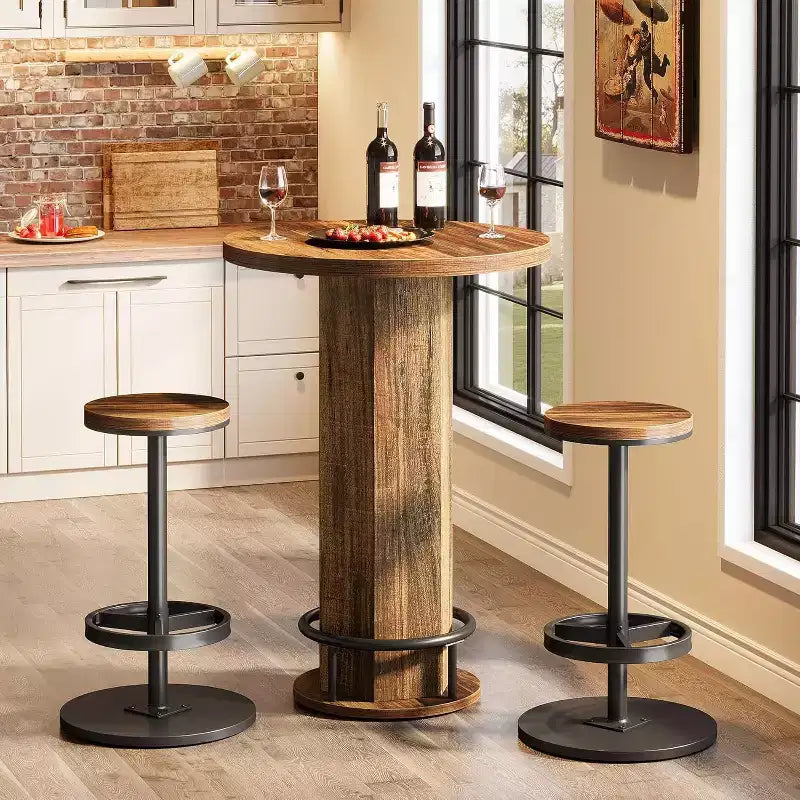 Table de bar ronde avec chaises, bistrot avec 2 tabourets de bar, table de cocktail de pub avec repose-pieds en métal pour coin cuisine, appartement