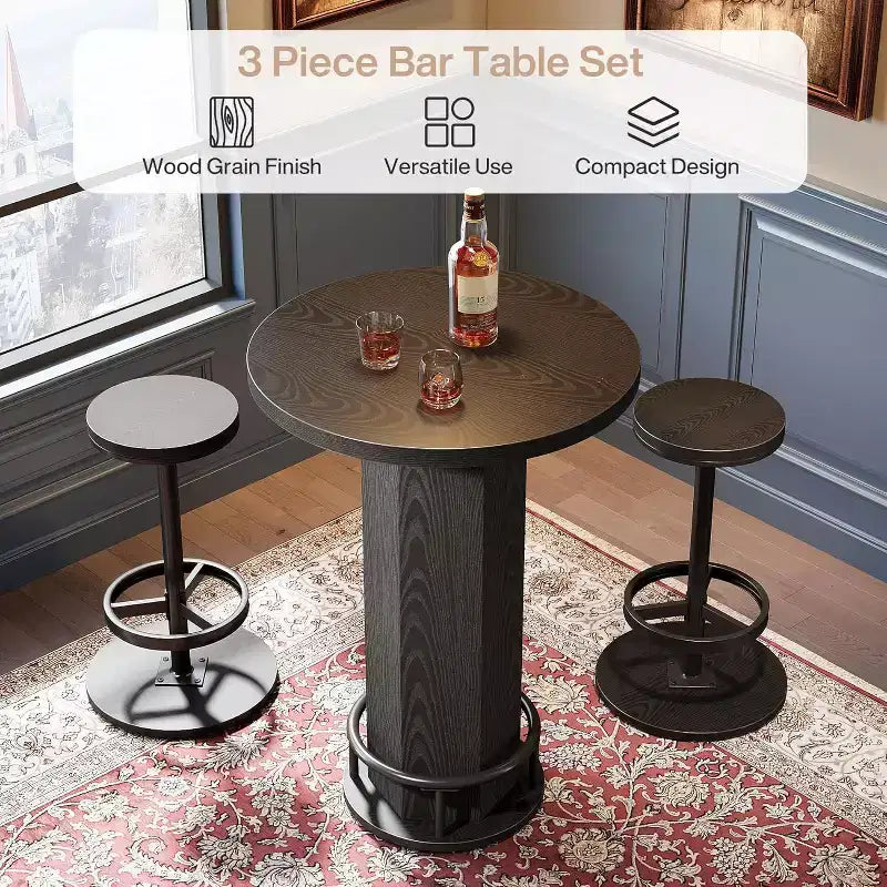 Table de bar ronde avec chaises, bistrot avec 2 tabourets de bar, table de cocktail de pub avec repose-pieds en métal pour coin cuisine, appartement