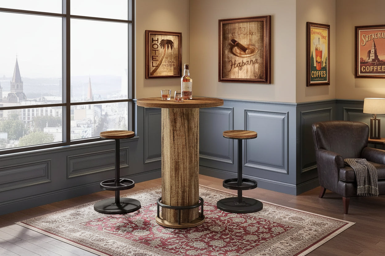 Lantine Round Bar Table with Chairs, Bistro Sets with 2 barstools, Pub Cocktail Table with Metal Ring Footrest for Kitchen Nook, Apartment