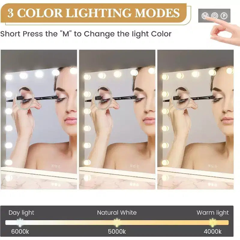 Miroir de courtoisie à LED de 17 pouces avec loupe 3X, commande tactile 3 modes d'éclairage, port de chargement USB, conception sur table/montage mural, 32x24, blanc