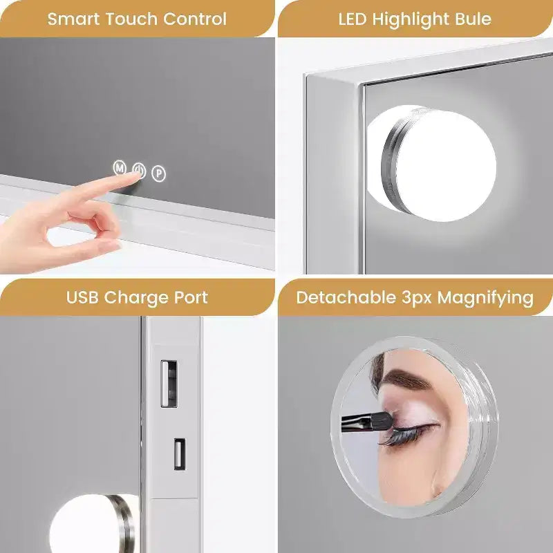 Miroir de courtoisie à LED de 17 pouces avec loupe 3X, commande tactile 3 modes d'éclairage, port de chargement USB, conception sur table/montage mural, 32x24, blanc