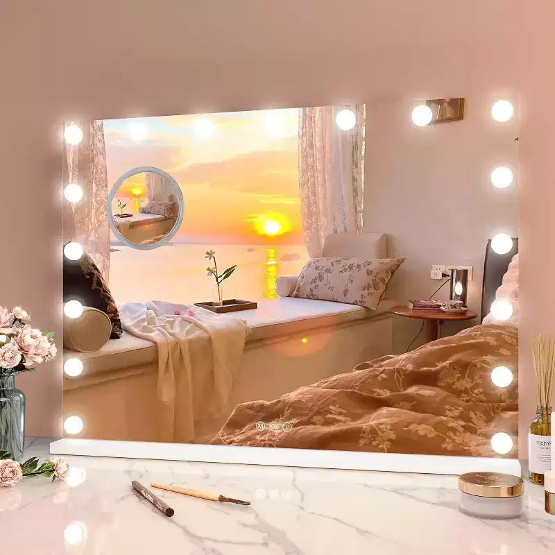 Miroir de courtoisie à LED de 17 pouces avec loupe 3X, commande tactile 3 modes d'éclairage, port de chargement USB, conception sur table/montage mural, 32x24, blanc