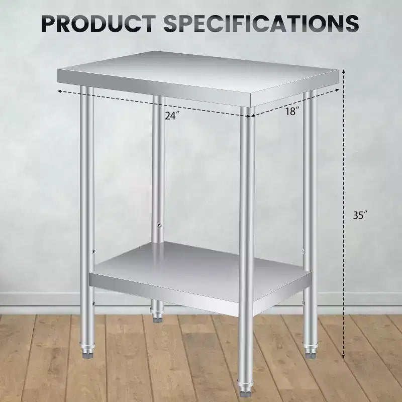 Table de travail en acier inoxydable (avec roues verrouillables), table de préparation utilitaire en métal à 2 niveaux avec étagère inférieure réglable pour cuisine de restaurant