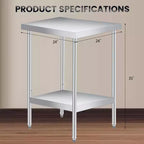 Table de travail en acier inoxydable (avec roues verrouillables), table de préparation utilitaire en métal à 2 niveaux avec étagère inférieure réglable pour cuisine de restaurant
