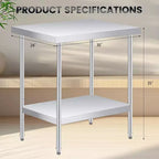 Table de travail en acier inoxydable (avec roues verrouillables), table de préparation utilitaire en métal à 2 niveaux avec étagère inférieure réglable pour cuisine de restaurant