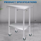 Table de travail en acier inoxydable (avec roues verrouillables), table de préparation utilitaire en métal à 2 niveaux avec étagère inférieure réglable pour cuisine de restaurant