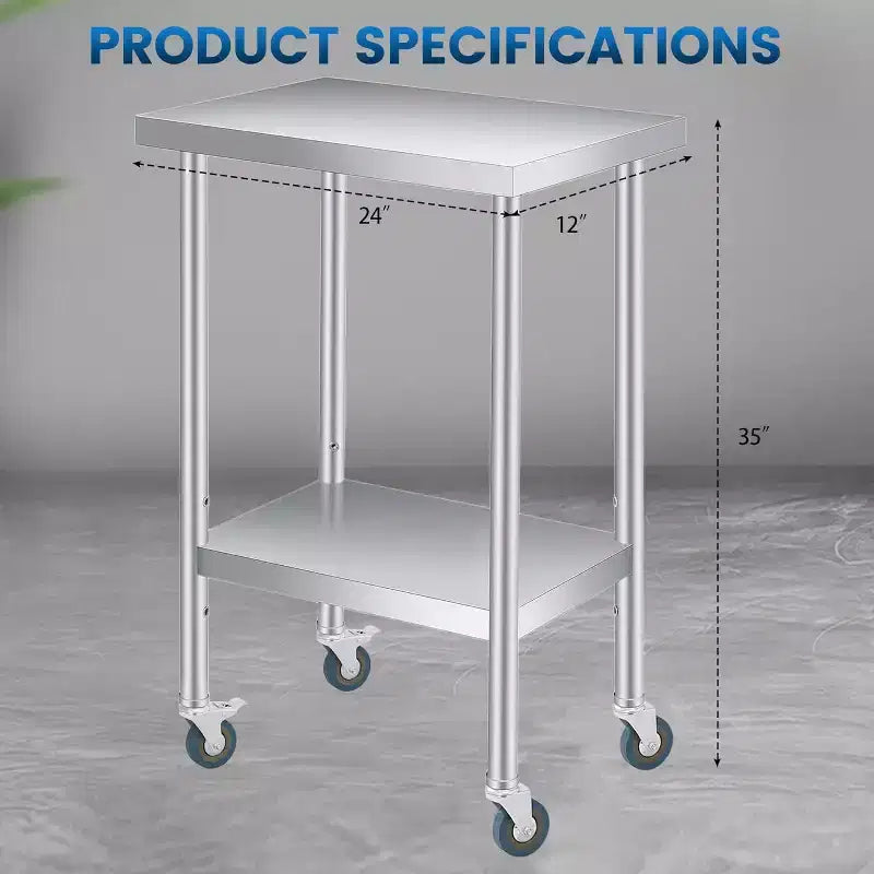 Table de travail en acier inoxydable (avec roues verrouillables), table de préparation utilitaire en métal à 2 niveaux avec étagère inférieure réglable pour cuisine de restaurant