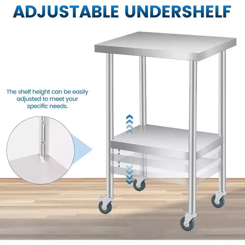 Table de travail en acier inoxydable (avec roues verrouillables), table de préparation utilitaire en métal à 2 niveaux avec étagère inférieure réglable pour cuisine de restaurant