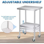Table de travail en acier inoxydable (avec roues verrouillables), table de préparation utilitaire en métal à 2 niveaux avec étagère inférieure réglable pour cuisine de restaurant