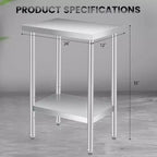 Table de travail en acier inoxydable (avec roues verrouillables), table de préparation utilitaire en métal à 2 niveaux avec étagère inférieure réglable pour cuisine de restaurant