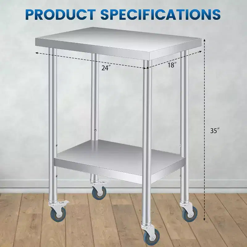 Table de travail en acier inoxydable (avec roues verrouillables), table de préparation utilitaire en métal à 2 niveaux avec étagère inférieure réglable pour cuisine de restaurant