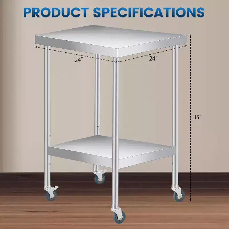 Table de travail en acier inoxydable (avec roues verrouillables), table de préparation utilitaire en métal à 2 niveaux avec étagère inférieure réglable pour cuisine de restaurant
