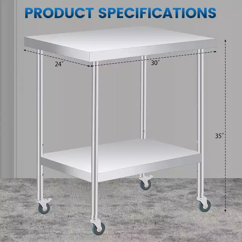 Table de travail en acier inoxydable (avec roues verrouillables), table de préparation utilitaire en métal à 2 niveaux avec étagère inférieure réglable pour cuisine de restaurant