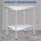 Table de travail en acier inoxydable (avec roues verrouillables), table de préparation utilitaire en métal à 2 niveaux avec étagère inférieure réglable pour cuisine de restaurant