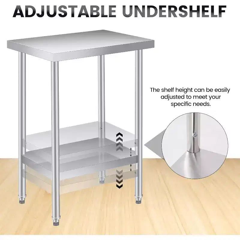 Table de travail en acier inoxydable (avec roues verrouillables), table de préparation utilitaire en métal à 2 niveaux avec étagère inférieure réglable pour cuisine de restaurant