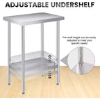Table de travail en acier inoxydable (avec roues verrouillables), table de préparation utilitaire en métal à 2 niveaux avec étagère inférieure réglable pour cuisine de restaurant