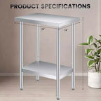 Table de travail en acier inoxydable (avec roues verrouillables), table de préparation utilitaire en métal à 2 niveaux avec étagère inférieure réglable pour cuisine de restaurant