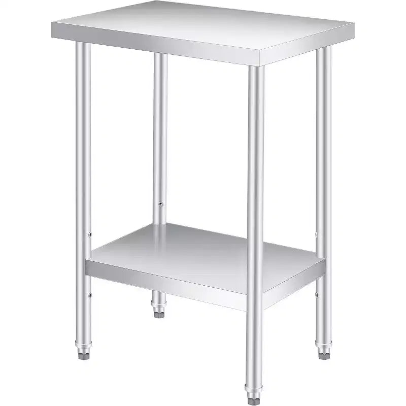 Table de travail en acier inoxydable (avec roues verrouillables), table de préparation utilitaire en métal à 2 niveaux avec étagère inférieure réglable pour cuisine de restaurant