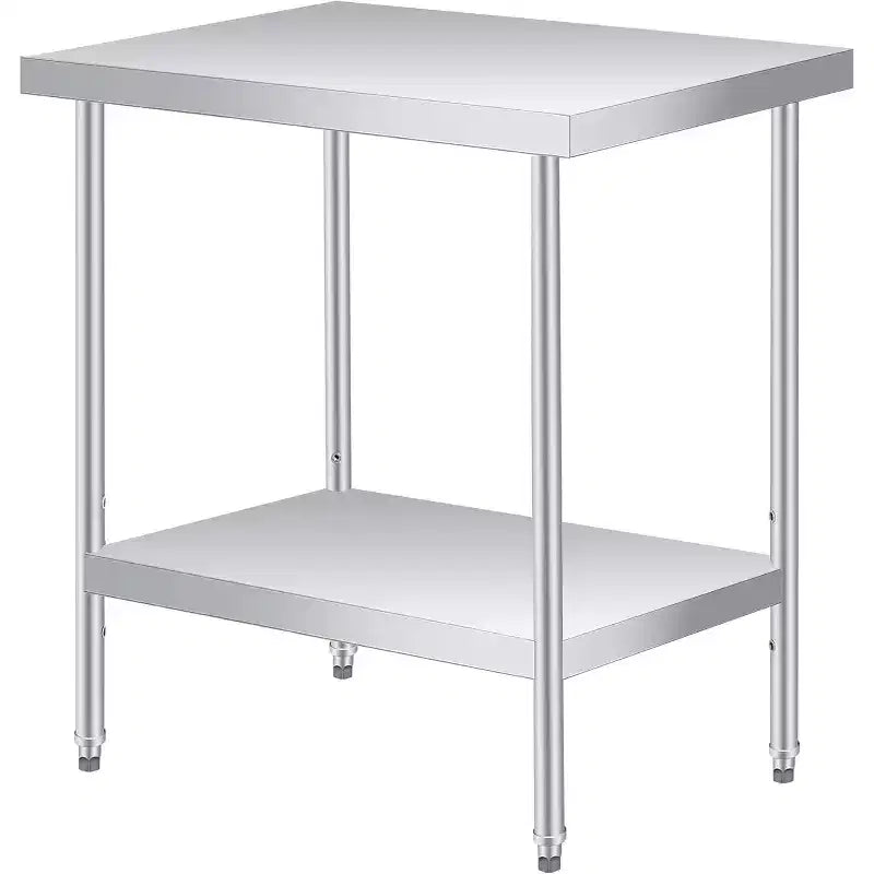 Table de travail en acier inoxydable (avec roues verrouillables), table de préparation utilitaire en métal à 2 niveaux avec étagère inférieure réglable pour cuisine de restaurant