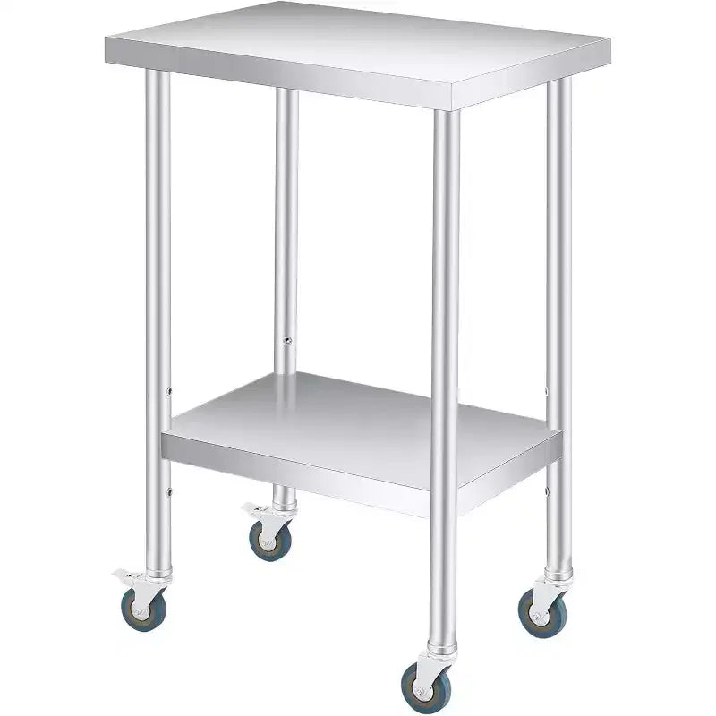 Table de travail en acier inoxydable (avec roues verrouillables), table de préparation utilitaire en métal à 2 niveaux avec étagère inférieure réglable pour cuisine de restaurant