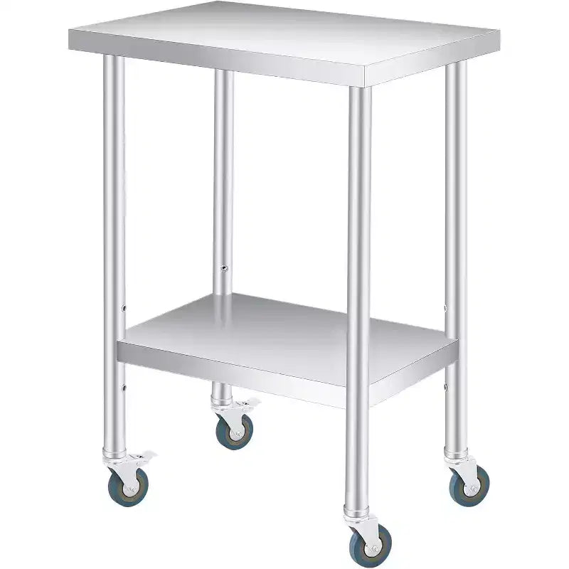 Table de travail en acier inoxydable (avec roues verrouillables), table de préparation utilitaire en métal à 2 niveaux avec étagère inférieure réglable pour cuisine de restaurant