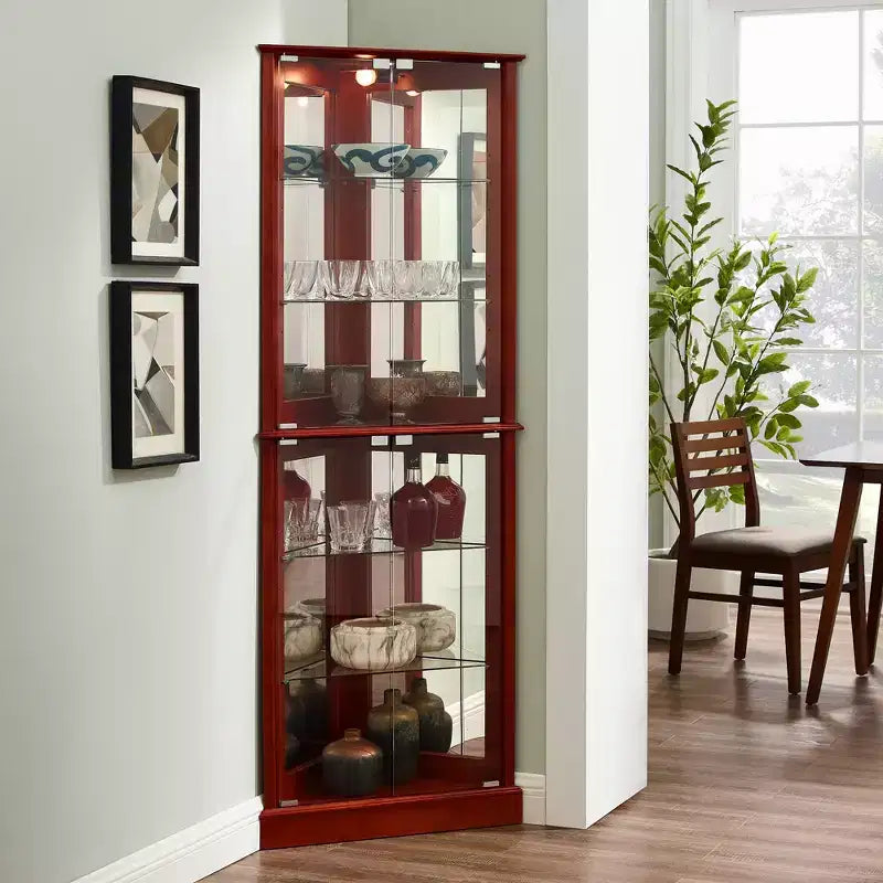 Vitrine d'angle, Vitrine avec 4 portes et étagères réglables en verre trempé, Meuble de salon