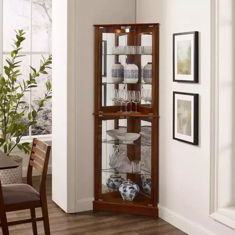 Vitrine d'angle, Vitrine avec 4 portes et étagères réglables en verre trempé, Meuble de salon