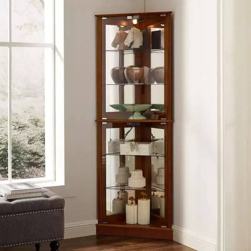 Vitrine d'angle, Vitrine avec 4 portes et étagères réglables en verre trempé, Meuble de salon
