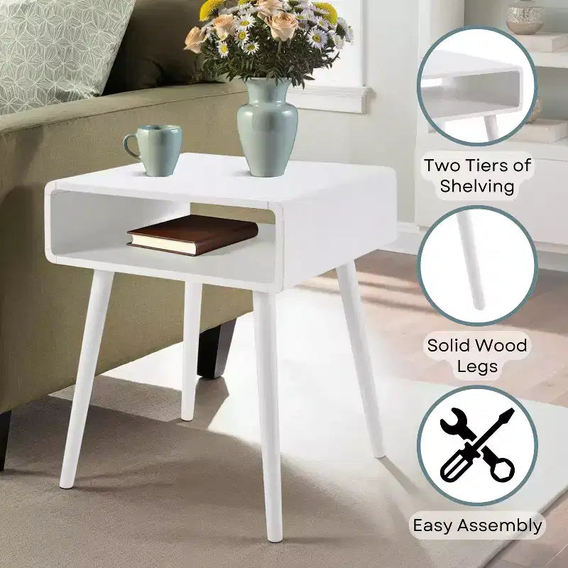 Table d'appoint Belmont avec étagère, table d'appoint de style Mid-Century Modern avec compartiment ouvert, bords incurvés, pieds fuselés et surface spacieuse