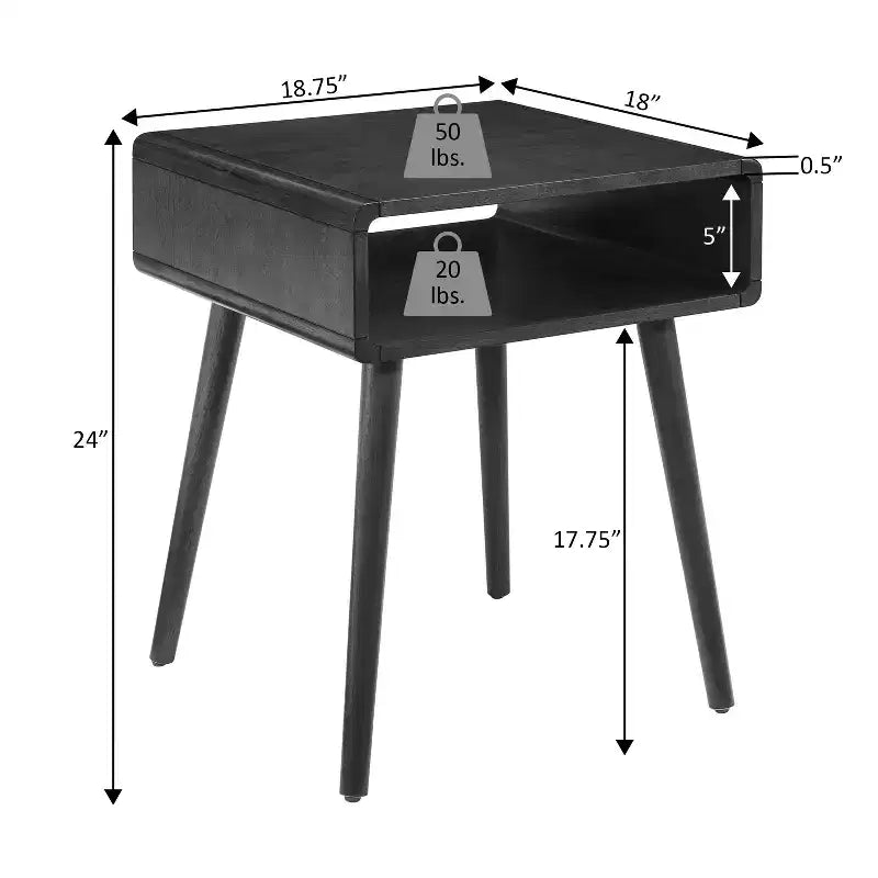 Table d'appoint Belmont avec étagère, table d'appoint de style Mid-Century Modern avec compartiment ouvert, bords incurvés, pieds fuselés et surface spacieuse
