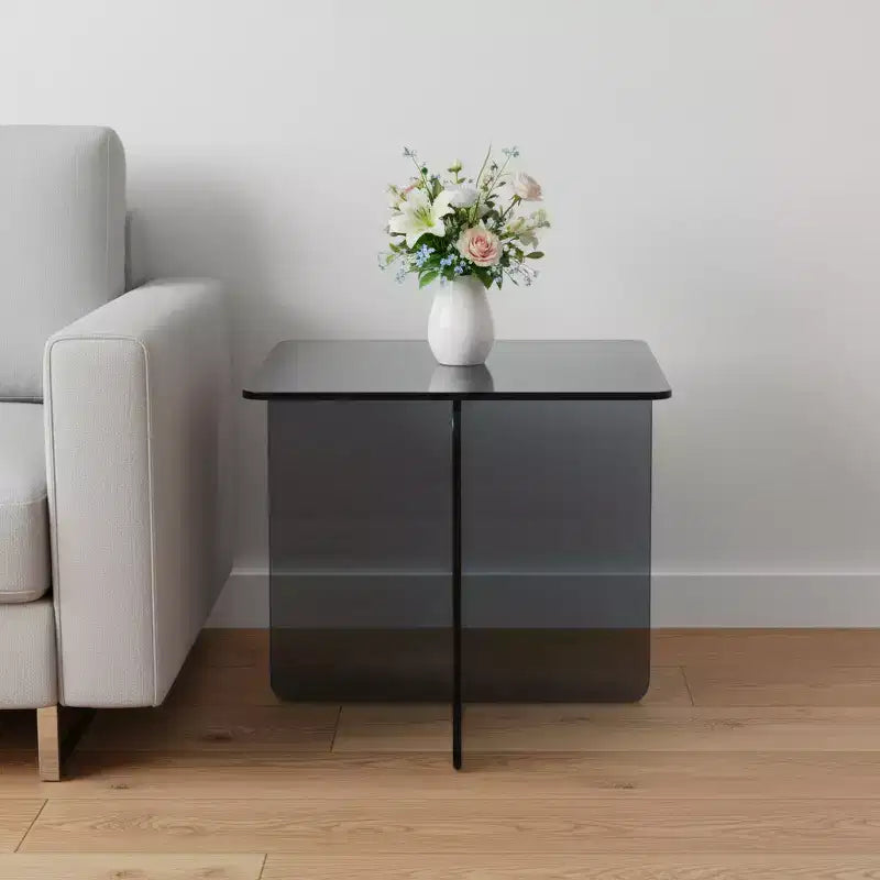 Table d'appoint à pieds croisés carrés en verre fumé noir 16