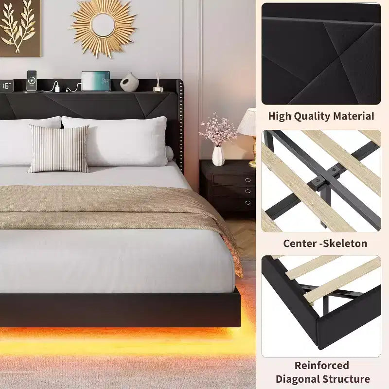 Cadre de lit flottant, lit plateforme rembourré, tête de lit et design touffeté à boutons, support de lattes métalliques, aucun sommier tapissier requis