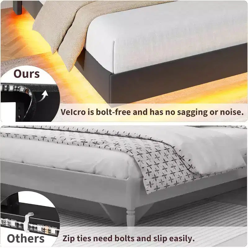Cadre de lit flottant, lit plateforme rembourré, tête de lit et design touffeté à boutons, support de lattes métalliques, aucun sommier tapissier requis