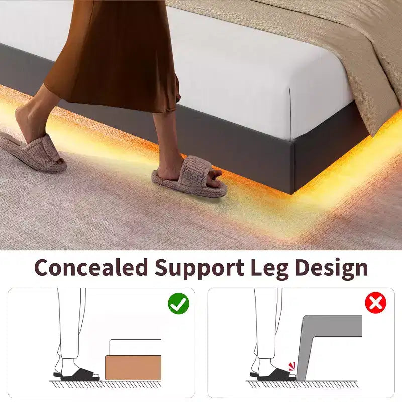 Cadre de lit flottant, lit plateforme rembourré, tête de lit et design touffeté à boutons, support de lattes métalliques, aucun sommier tapissier requis
