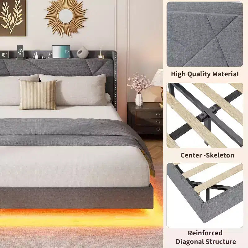 Cadre de lit flottant, lit plateforme rembourré, tête de lit et design touffeté à boutons, support de lattes métalliques, aucun sommier tapissier requis