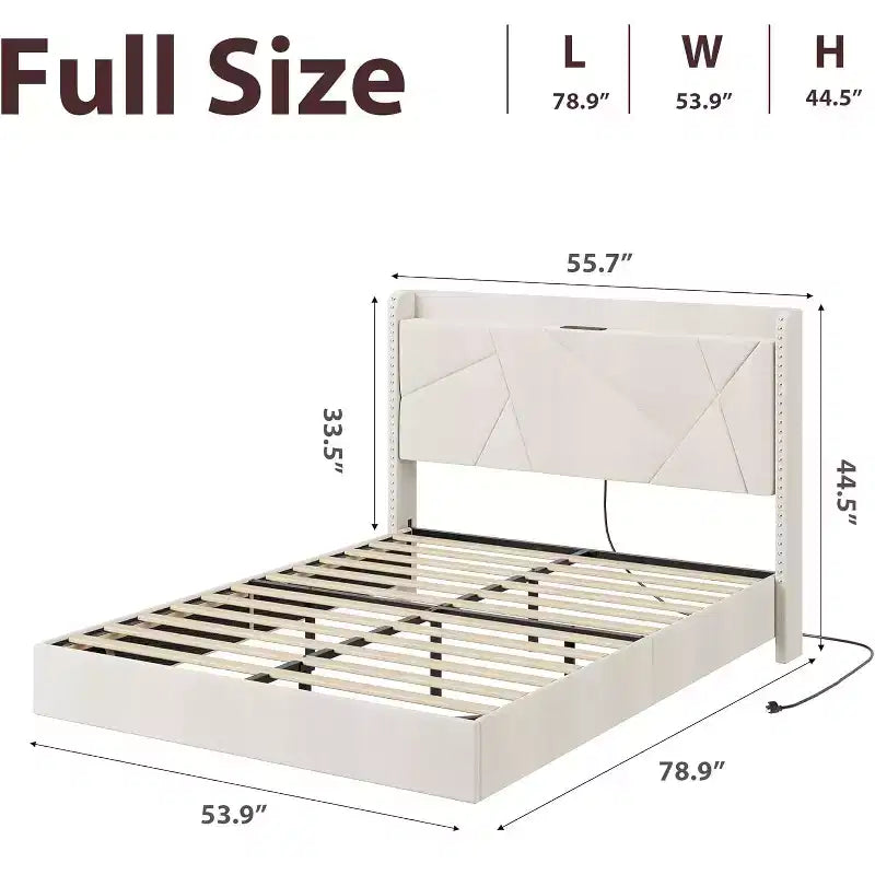 Cadre de lit flottant, lit plateforme rembourré, tête de lit et design touffeté à boutons, support de lattes métalliques, aucun sommier tapissier requis