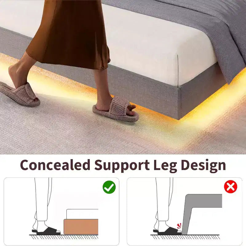 Cadre de lit flottant, lit plateforme rembourré, tête de lit et design touffeté à boutons, support de lattes métalliques, aucun sommier tapissier requis