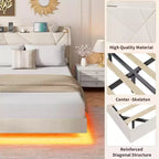 Cadre de lit flottant, lit plateforme rembourré, tête de lit et design touffeté à boutons, support de lattes métalliques, aucun sommier tapissier requis