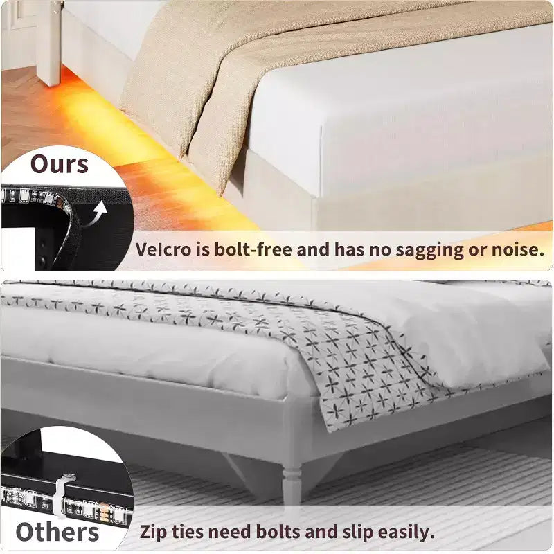 Cadre de lit flottant, lit plateforme rembourré, tête de lit et design touffeté à boutons, support de lattes métalliques, aucun sommier tapissier requis