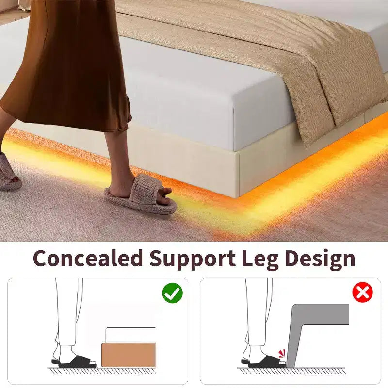 Cadre de lit flottant, lit plateforme rembourré, tête de lit et design touffeté à boutons, support de lattes métalliques, aucun sommier tapissier requis