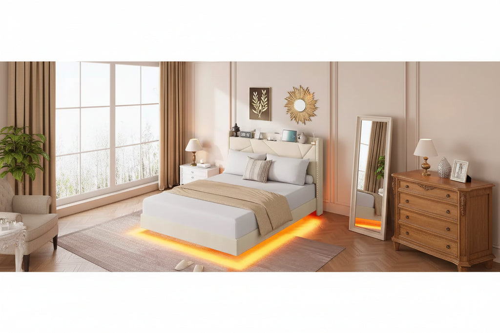 Floating Bed Frame, Upholstered Platform Bed, Headboard and Button Tufted Design, Metal Slats Support, No Box Spring Needed