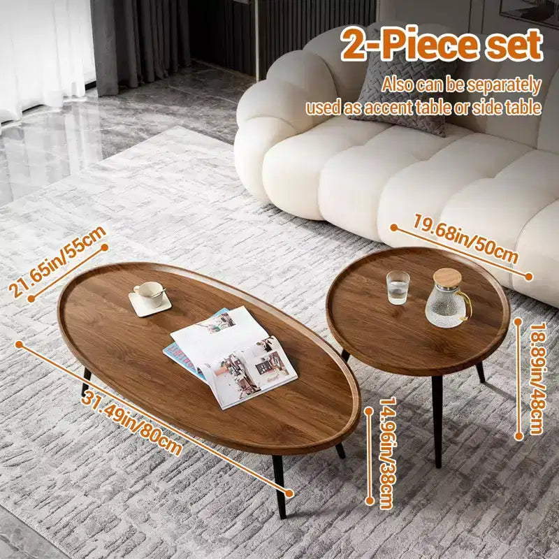 Table basse moderne lot de 2, table basse gigogne 80 + 48 cm, table d'appoint cocktail en bois, table centrale d'appoint pour salon chambre bureau