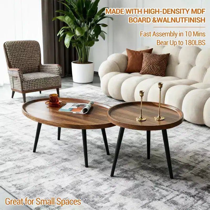 Table basse moderne lot de 2, table basse gigogne 80 + 48 cm, table d'appoint cocktail en bois, table centrale d'appoint pour salon chambre bureau