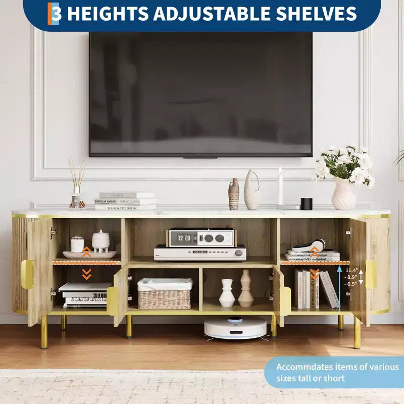 Meuble TV cannelé, Meuble de télévision moderne avec portes coulissantes, Centre de divertissement pour téléviseurs, Étagères réglables