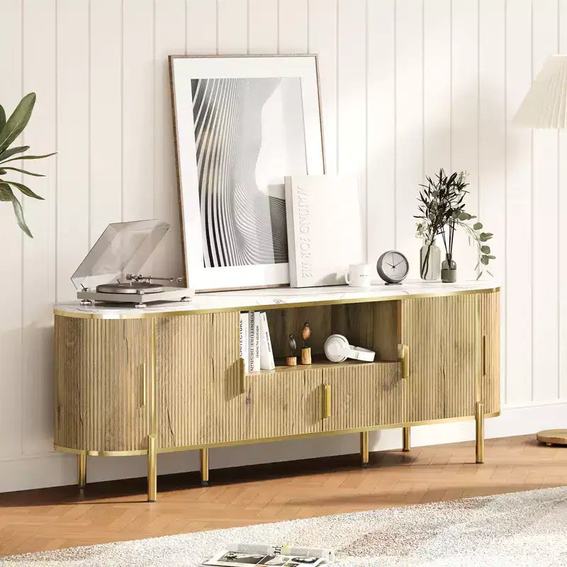 Meuble TV cannelé, Meuble de télévision moderne avec portes coulissantes, Centre de divertissement pour téléviseurs, Étagères réglables