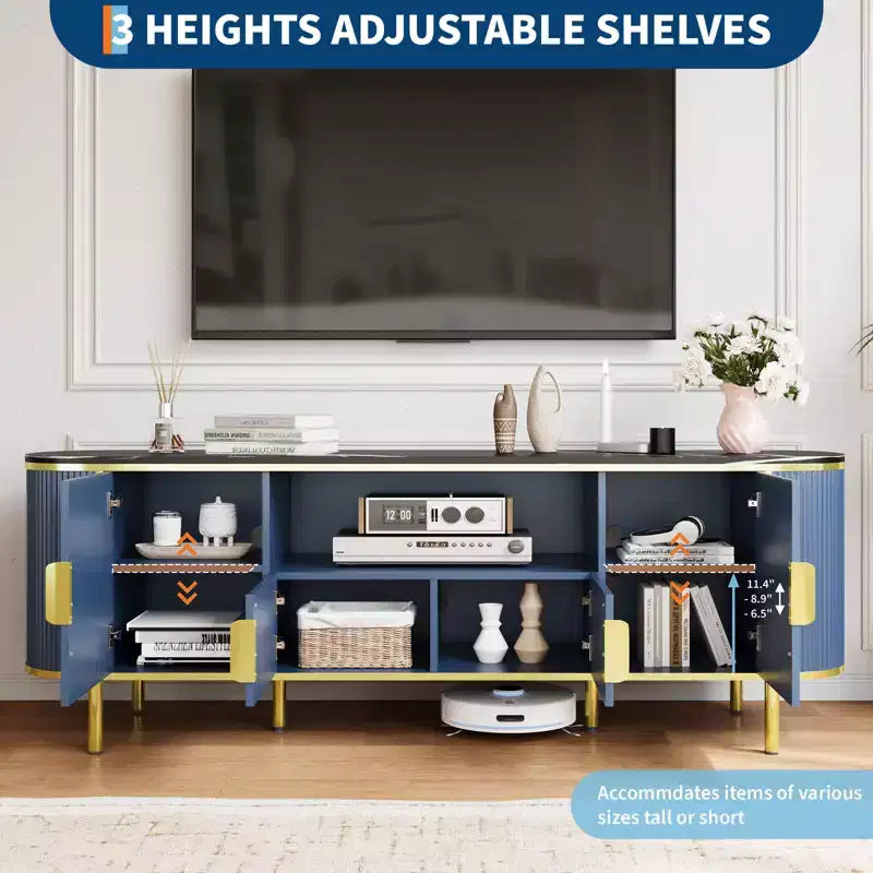Meuble TV cannelé, Meuble de télévision moderne avec portes coulissantes, Centre de divertissement pour téléviseurs, Étagères réglables