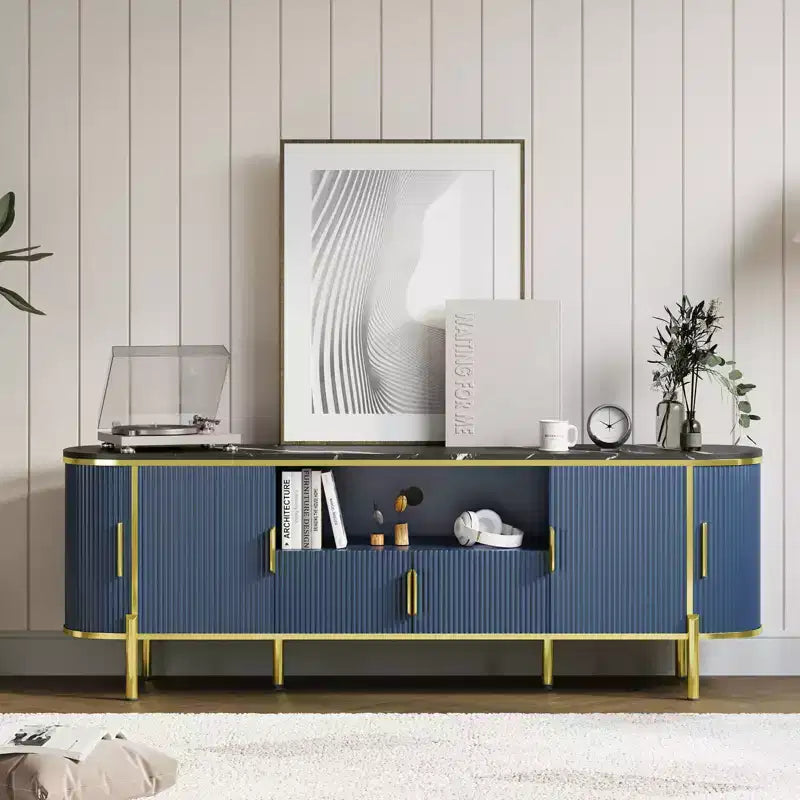 Meuble TV cannelé, Meuble de télévision moderne avec portes coulissantes, Centre de divertissement pour téléviseurs, Étagères réglables
