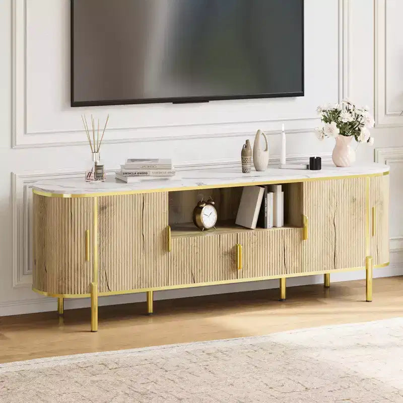 Meuble TV cannelé, Meuble de télévision moderne avec portes coulissantes, Centre de divertissement pour téléviseurs, Étagères réglables